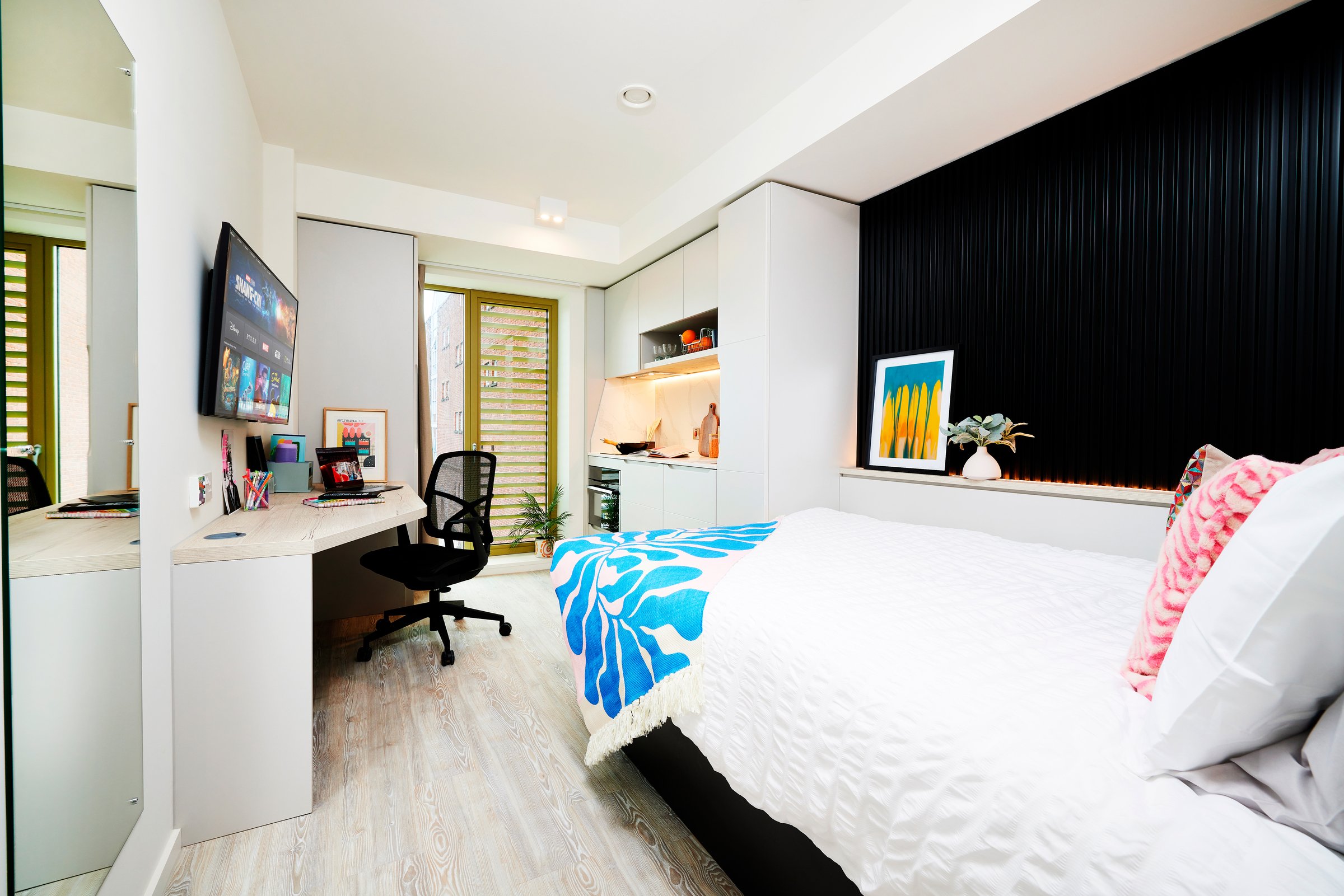 Bed desk tv kitchen window Study Area at Vita Student New Waverley in Edinburgh Student Accommodation