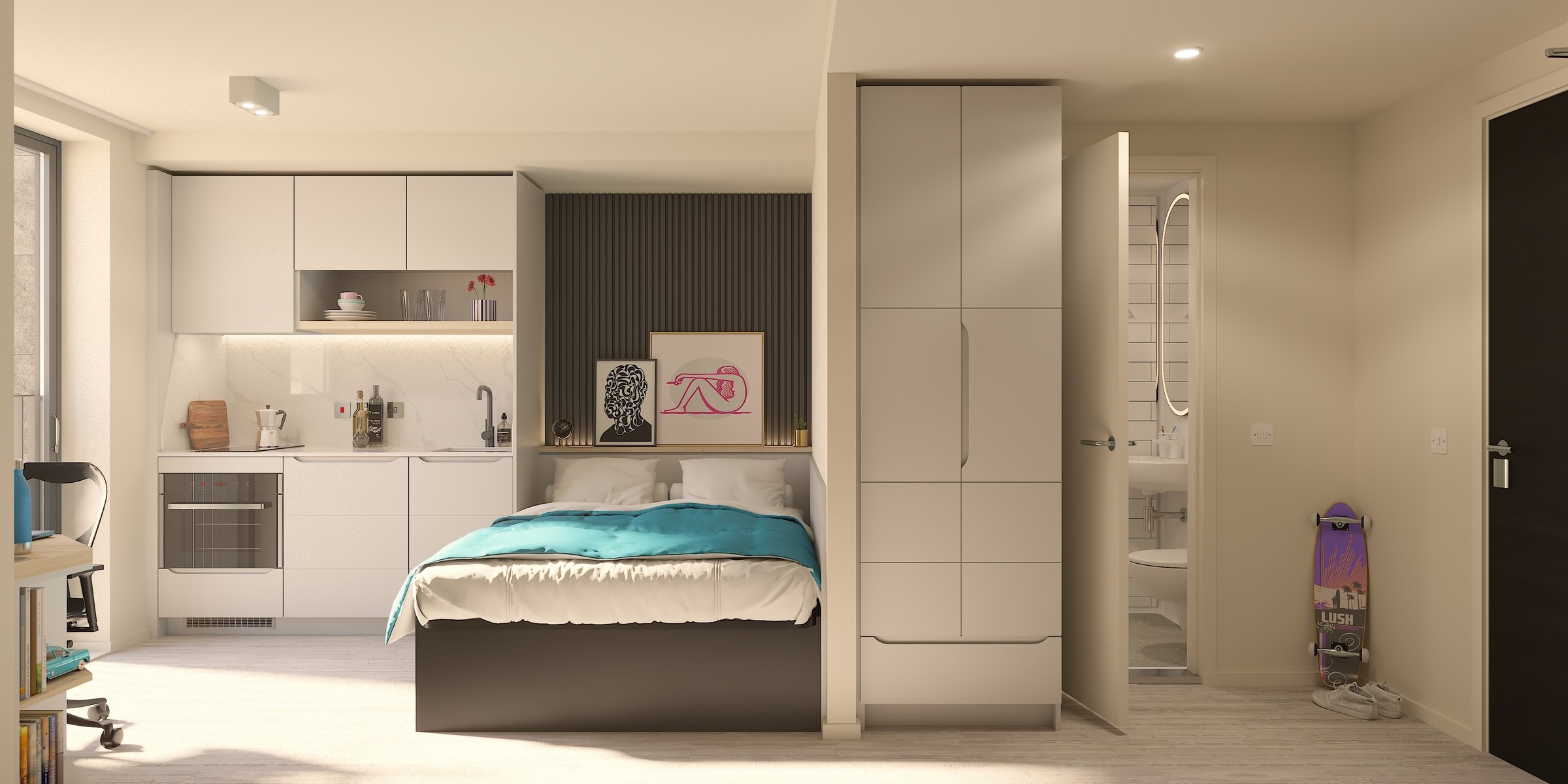 Bed kitchen desk wardrobe bathroom skateboard bedroom at Vita Student New Waverley in Edinburgh Student Accommodation