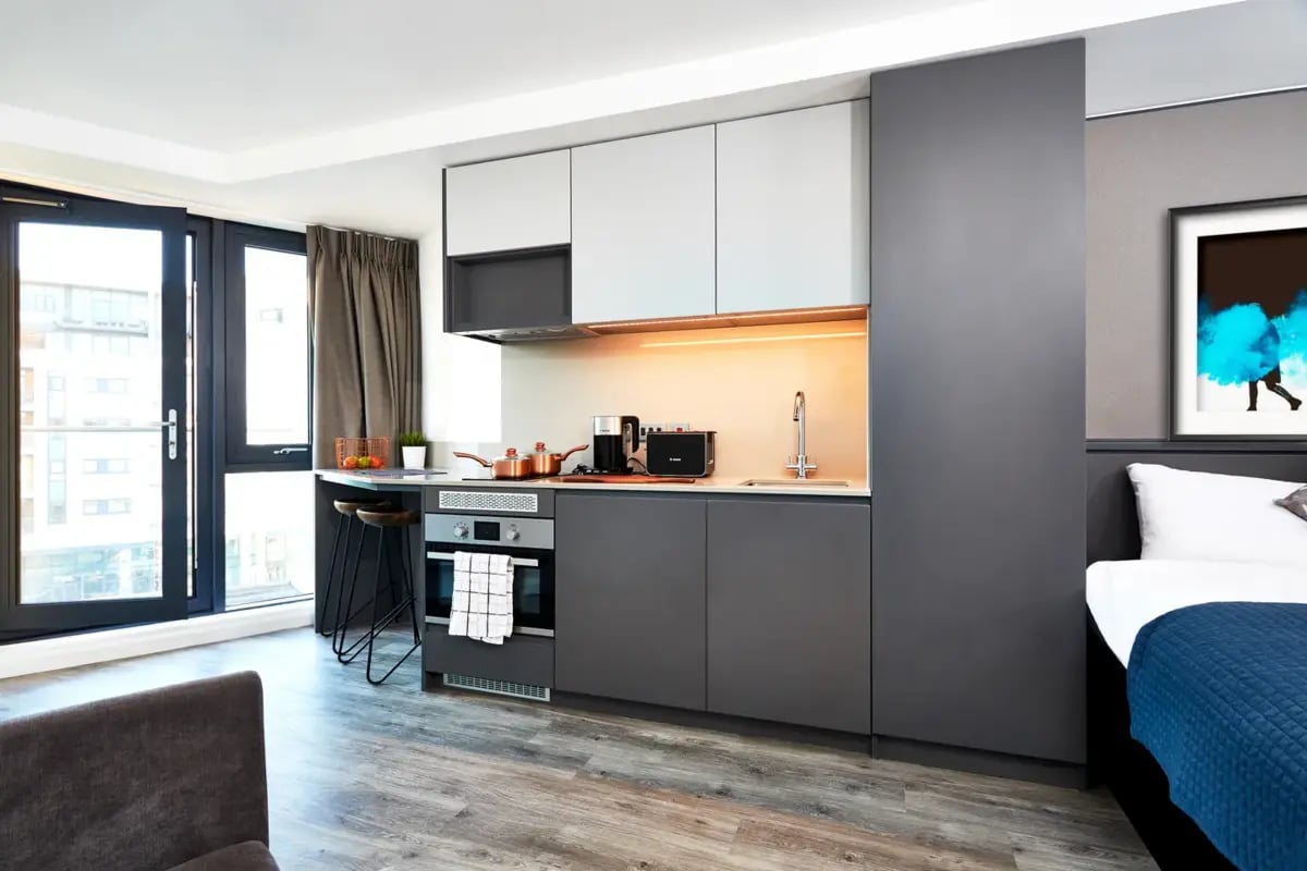 Kitchenette with oven pots toaster sink studio apartment at Vita Student Fountainbridge - Edinburgh in Edinburgh Student Accommodation