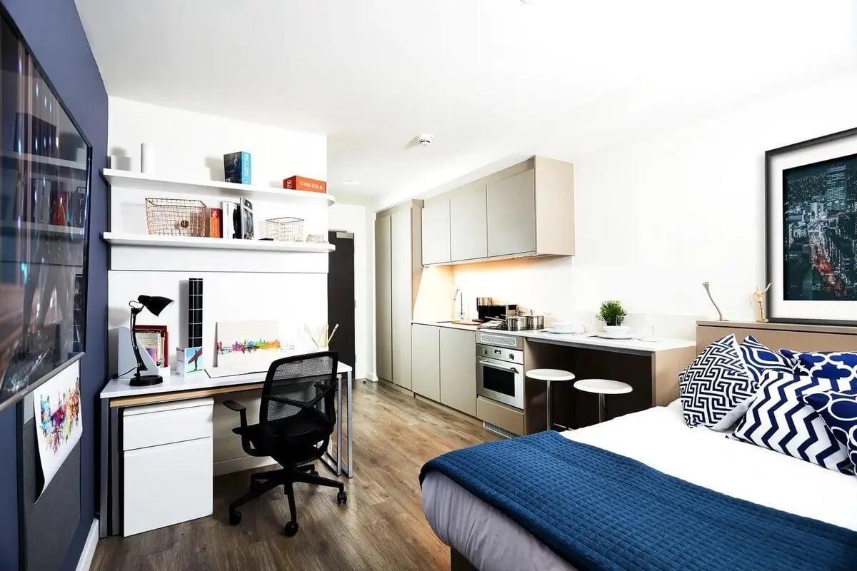 Desk bed kitchen modern studio apartment at Vita Student Newcastle Westgate in Newcastle Upon Tyne Student Accommodation