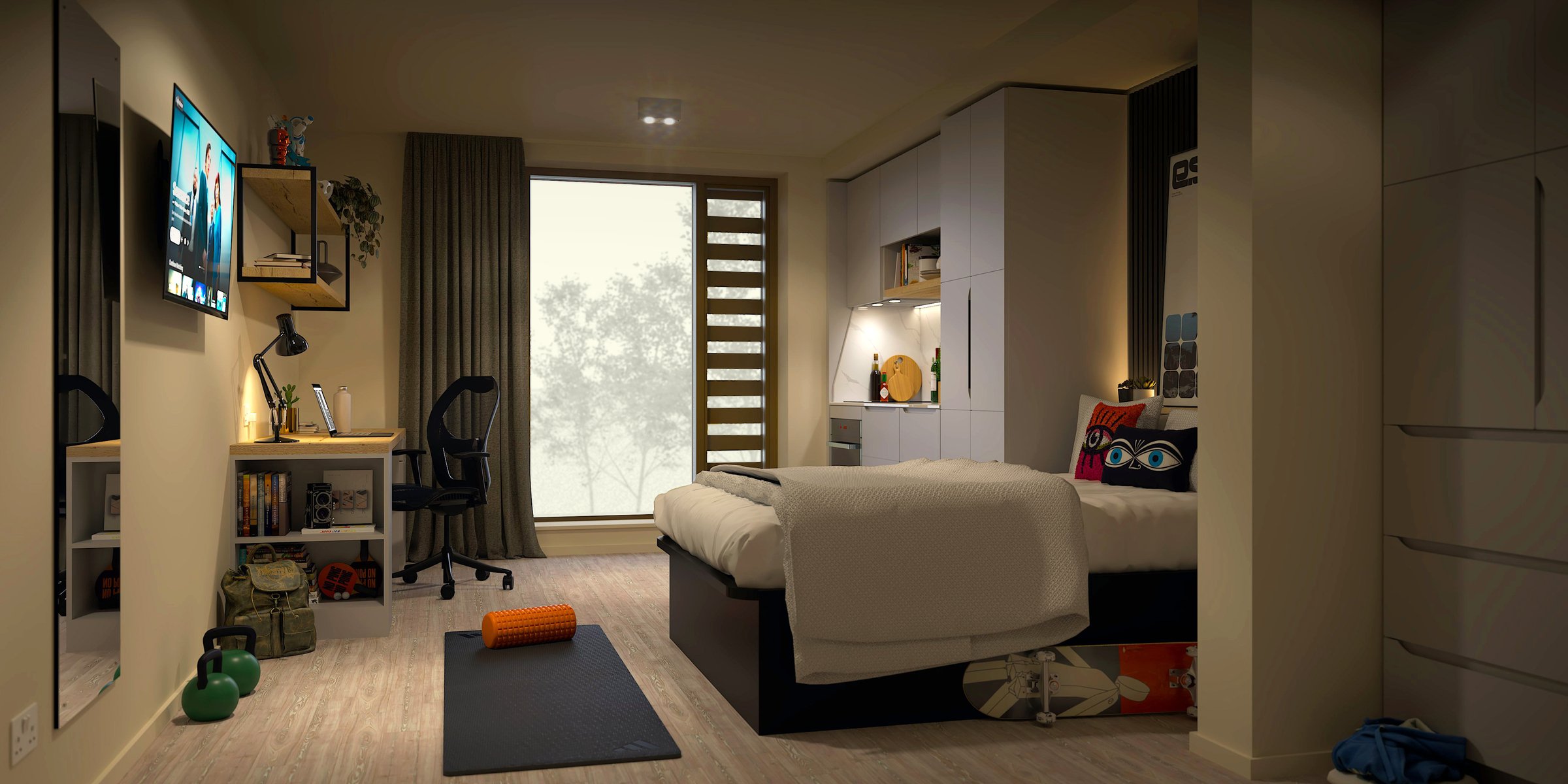 Bed desk chair tv kitchen storage workout mat bedroom at Vita Student Leazes Park in Newcastle Upon Tyne Student Accommodation