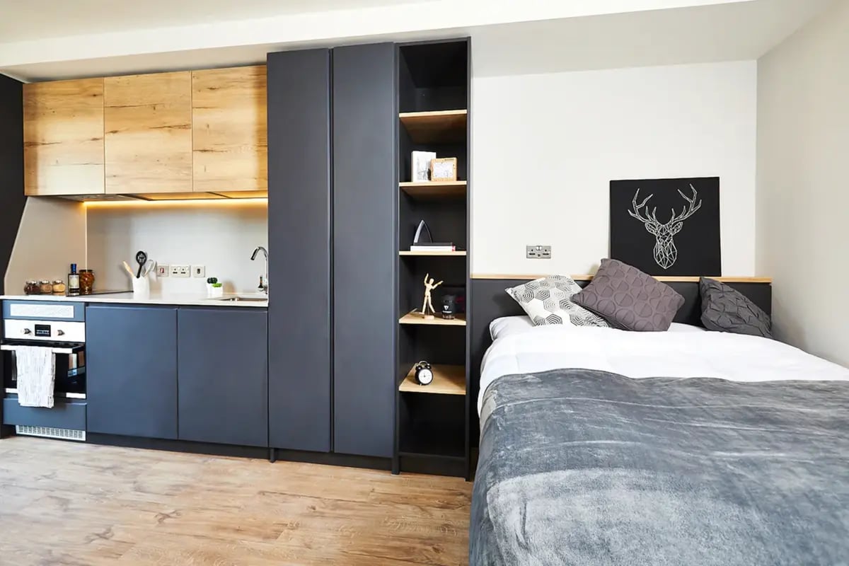 Kitchen and bed with pillows and artwork Bedroom at Vita Student Station Street in Nottingham Student Accommodation