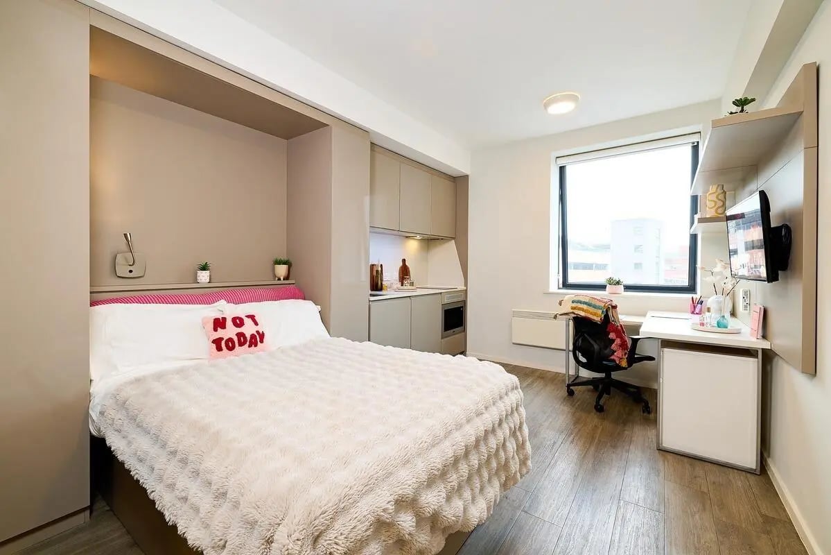 Bed, desk, kitchen, TV. Studio apartment. at Vita Student Portland House - Exeter in Exeter Student Accommodation