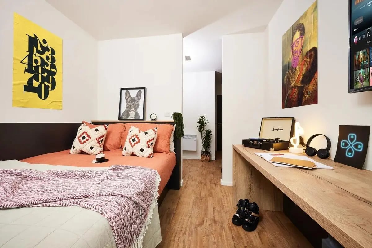 Bed pillows painting turntable headphones desk bedroom at Vita Student Cannon Park Warwick in Coventry Student Accommodation