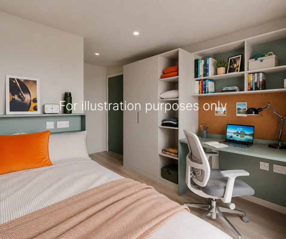 Bed desk wardrobe shelves and study area bedroom at City Wharf in Glasgow Student Accommodation