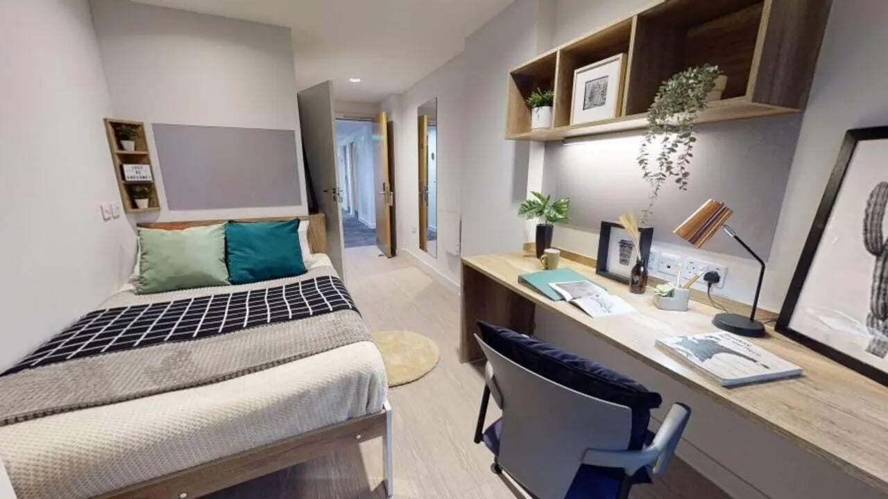 Bed desk chair shelves and plants bedroom at iQ Elgin Place in Glasgow Student Accommodation