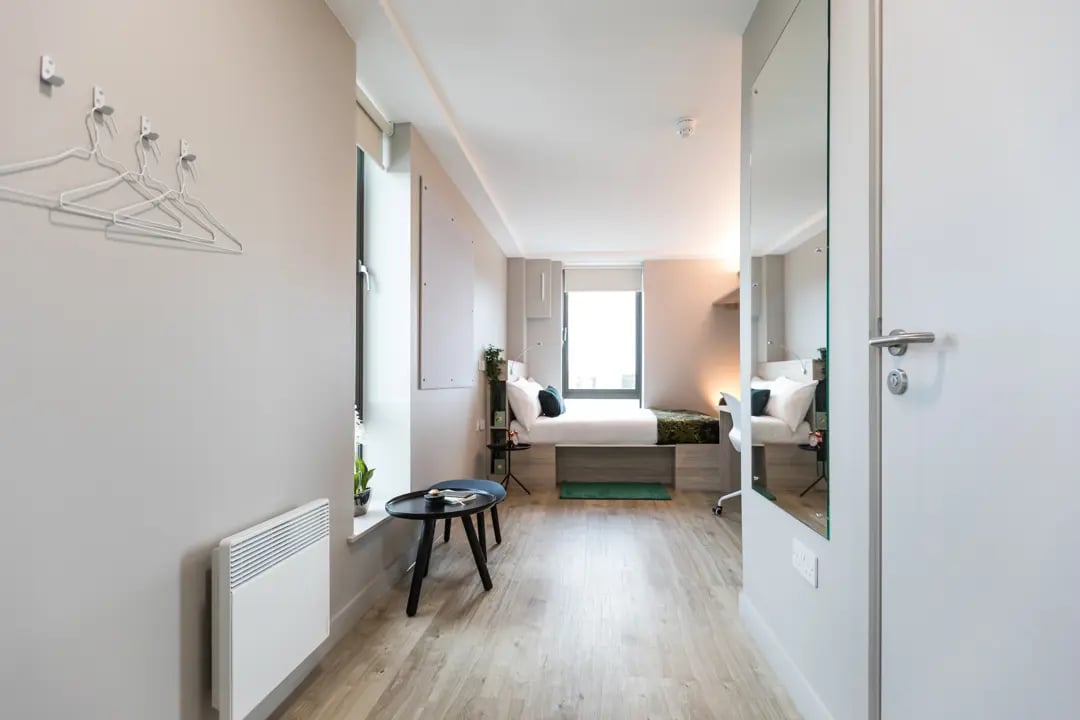 Bed desk mirror and hangers Bedroom at Caton Court in Lancaster Student Accommodation