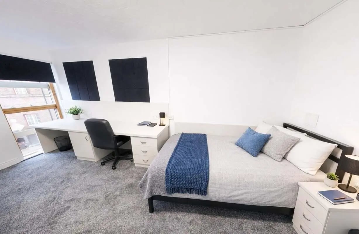 Bed desk chair window plant bedroom at Truro Works in Sheffield Student Accommodation