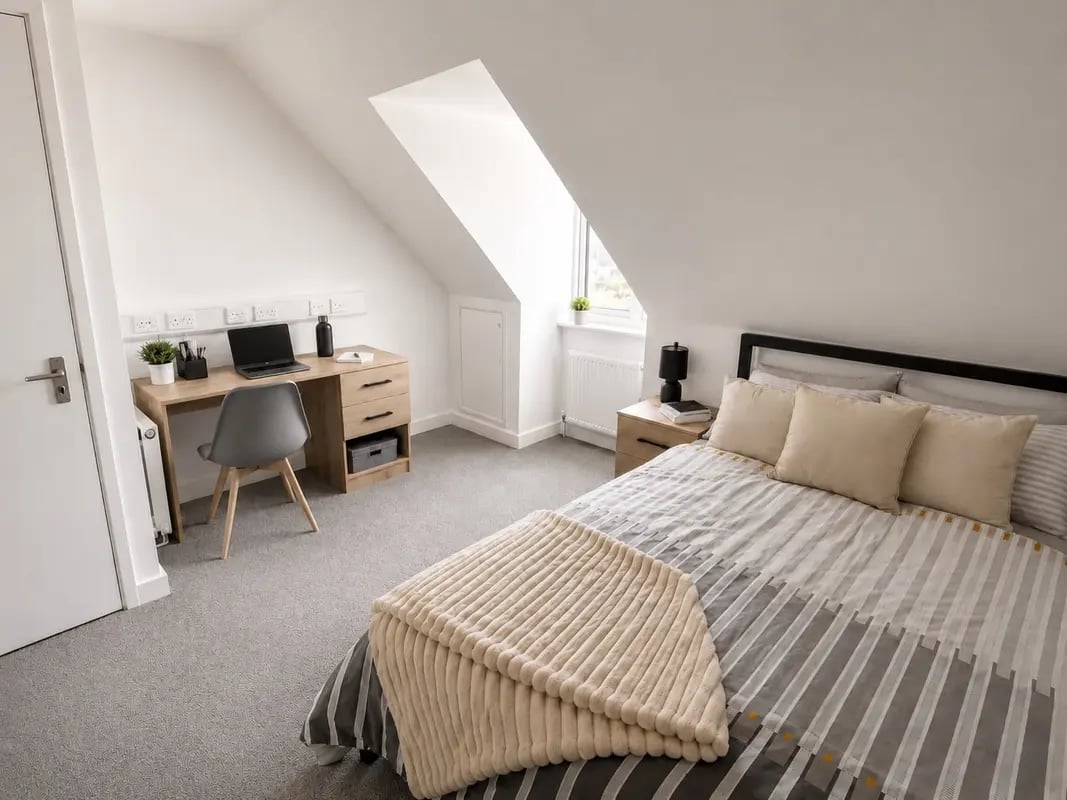 Desk chair laptop and bed Bedroom at Parham Student Village in Canterbury Student Accommodation