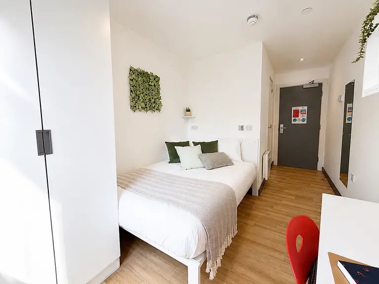 Bed wardrobe and green wall art bedroom at Bailey Street in Sheffield Student Accommodation