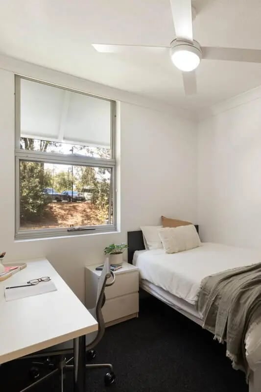 Bed desk bedside table and fan Bedroom at Iglu Kelvin Grove in Brisbane Student Accommodation