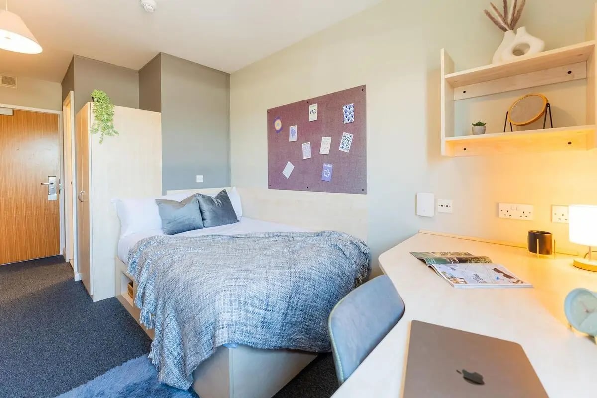 Bed desk and storage student bedroom at St Peters Court in Nottingham Student Accommodation