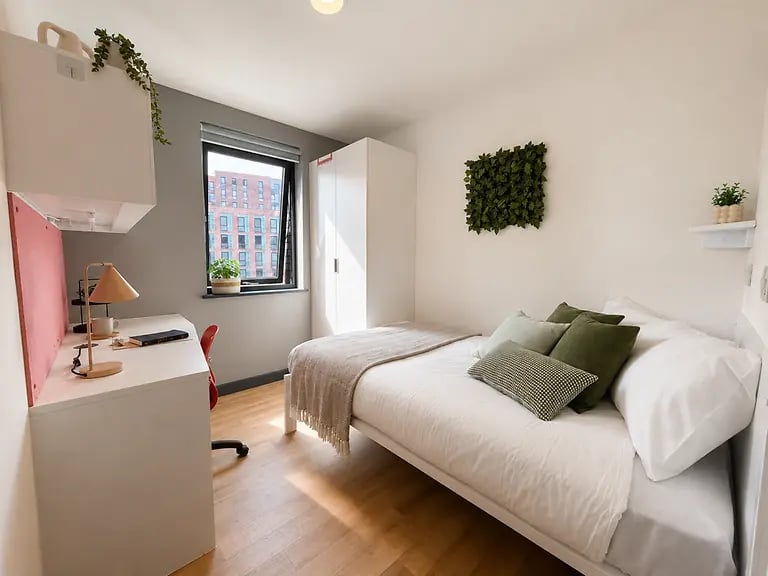 Desk lamp houseplants bed wardrobe bedroom at Bailey Street in Sheffield Student Accommodation