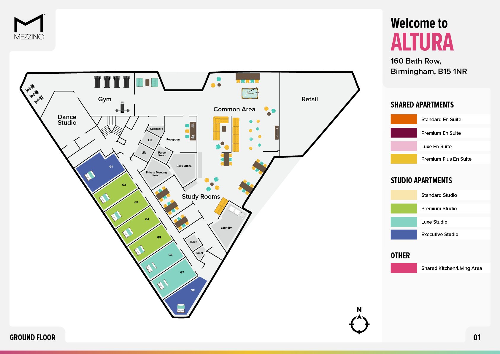 Ground floor plan with apartments gym common area floor plan at Altura Birmingham in Birmingham Student Accommodation