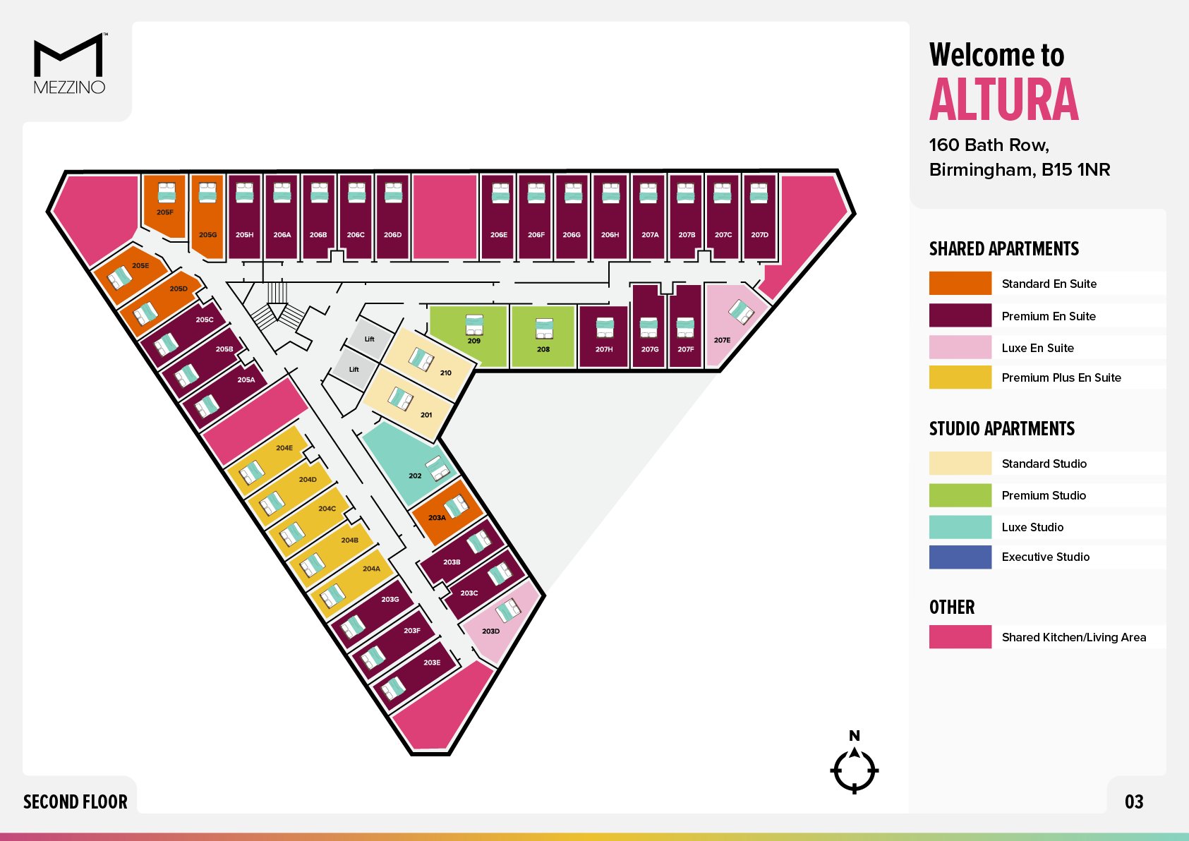 Floor plan with multiple en suite rooms and studios at Altura Birmingham in Birmingham Student Accommodation