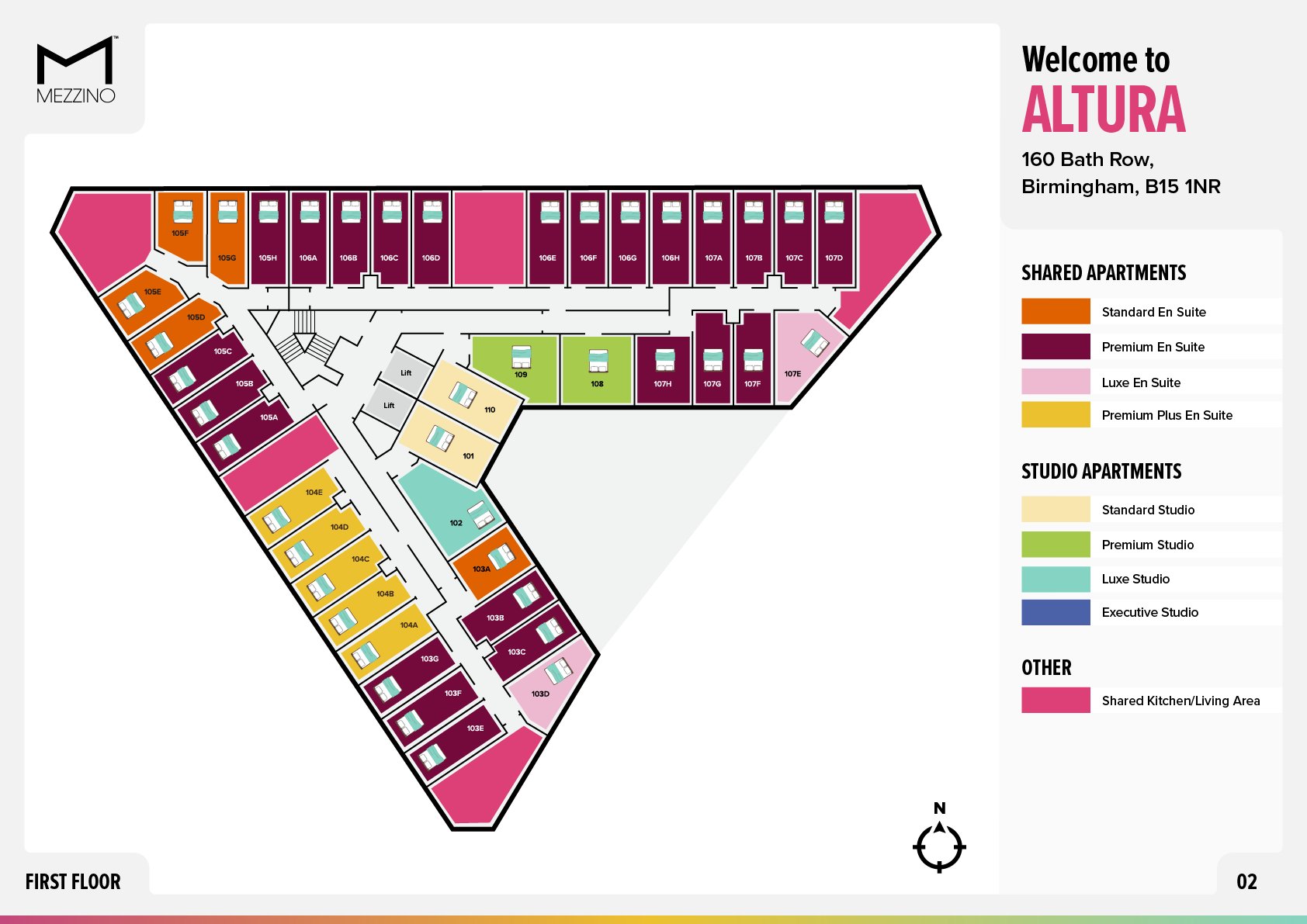 Floor plan with numbered rooms and color key at Altura Birmingham in Birmingham Student Accommodation