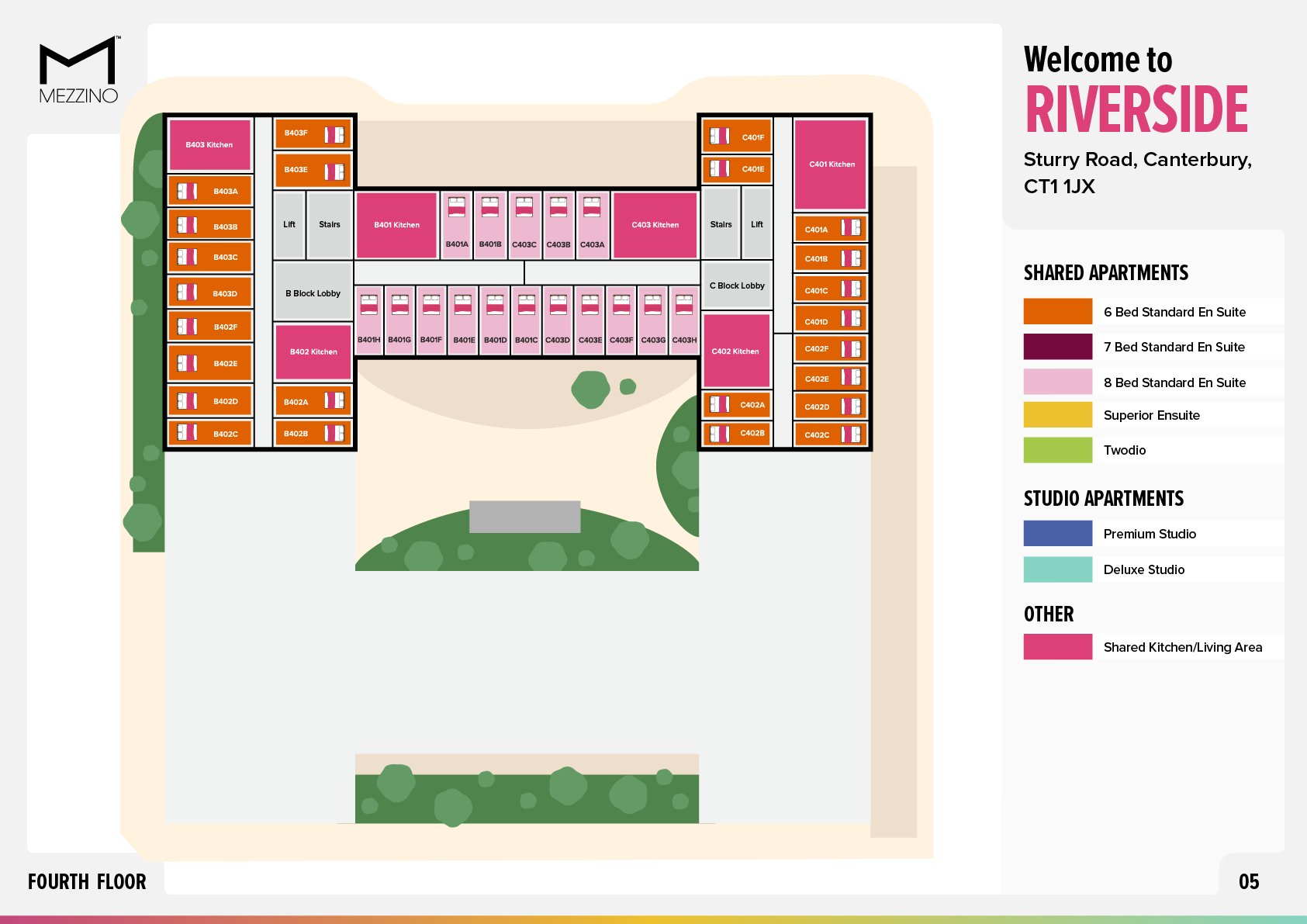 Floor plan with apartments and common areas diagram at Riverside  in Canterbury Student Accommodation
