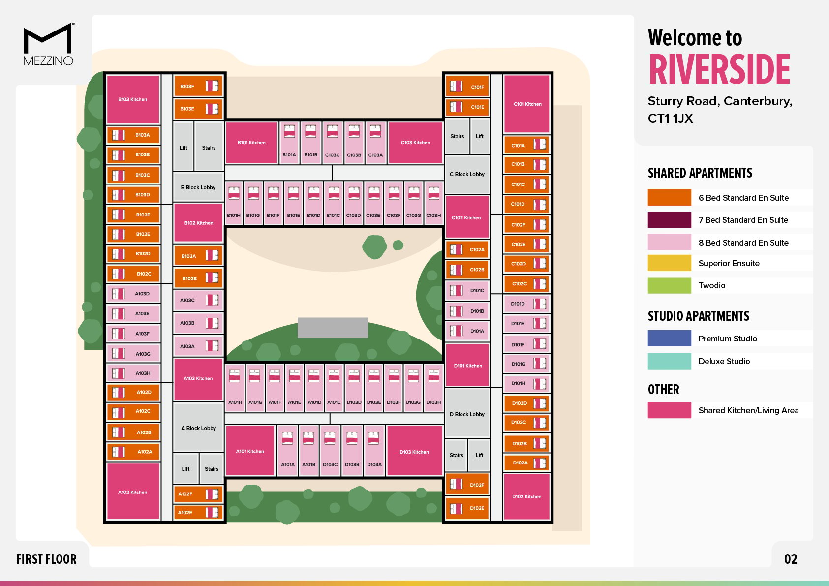 Floor plan with rooms kitchens and apartments layout Floor Plan at Riverside  in Canterbury Student Accommodation