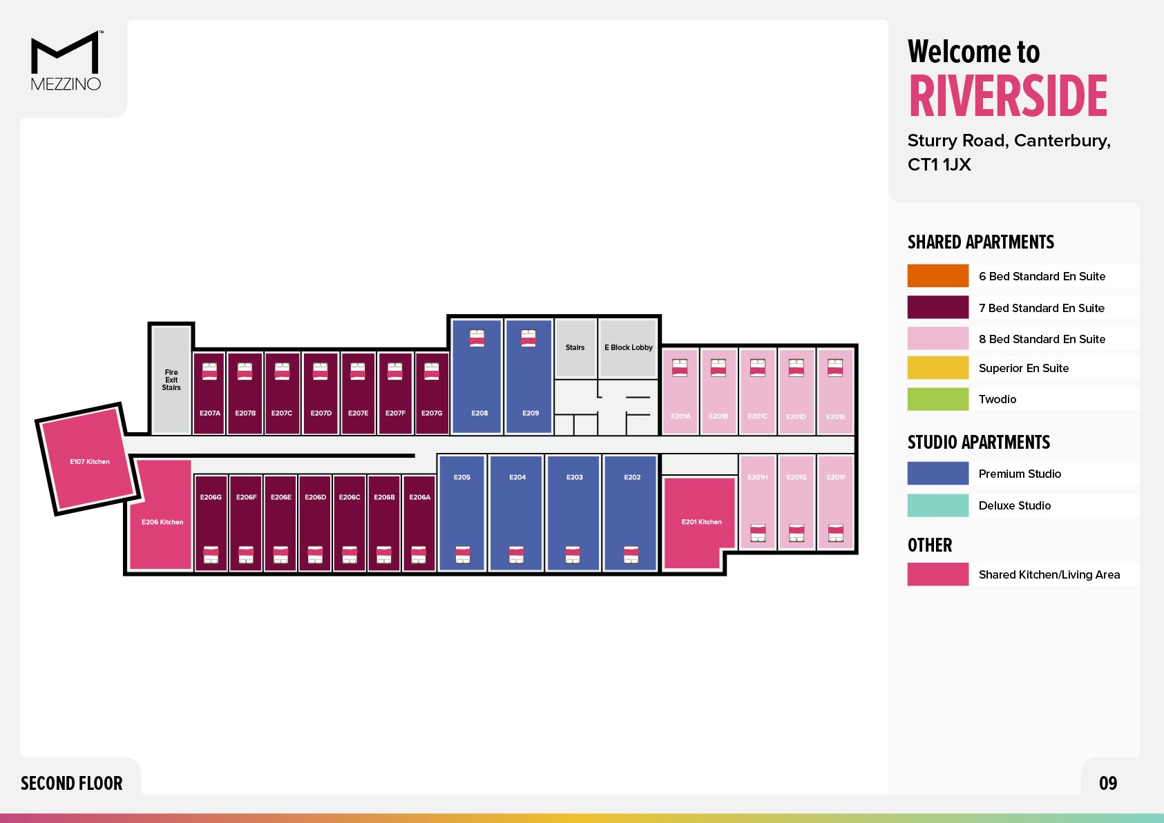 Apartment layout with bedrooms and kitchens floor plan at Riverside  in Canterbury Student Accommodation