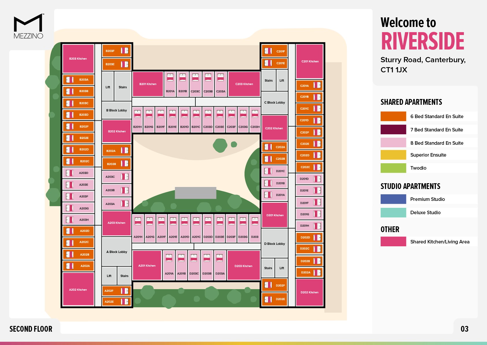 Floor plan with apartments kitchens and living areas floor plan at Riverside  in Canterbury Student Accommodation