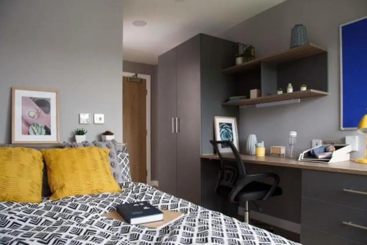 Bed desk wardrobe artwork study area bedroom at Luneside in Lancaster Student Accommodation