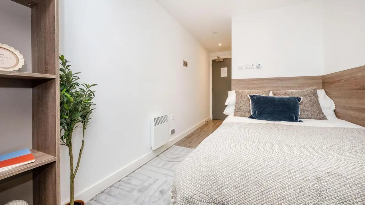 Bed plant heater and bookshelf bedroom at Howard Gardens in Cardiff Student Accommodation