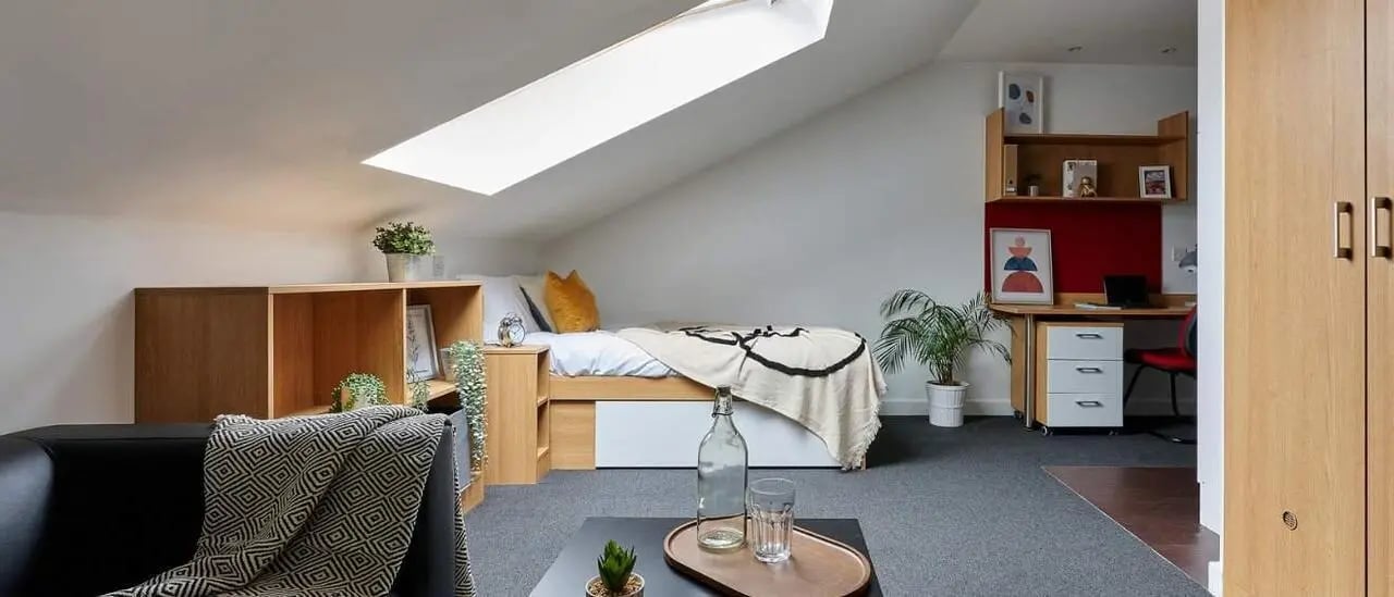 Bed desk and storage unit bedroom at The Apollo Works in Coventry Student Accommodation