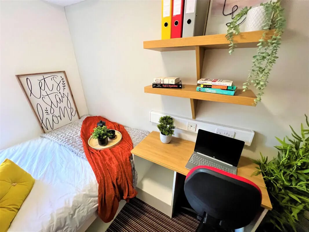 Bed desk and shelves in student bedroom at Parklane House in Sunderland Student Accommodation