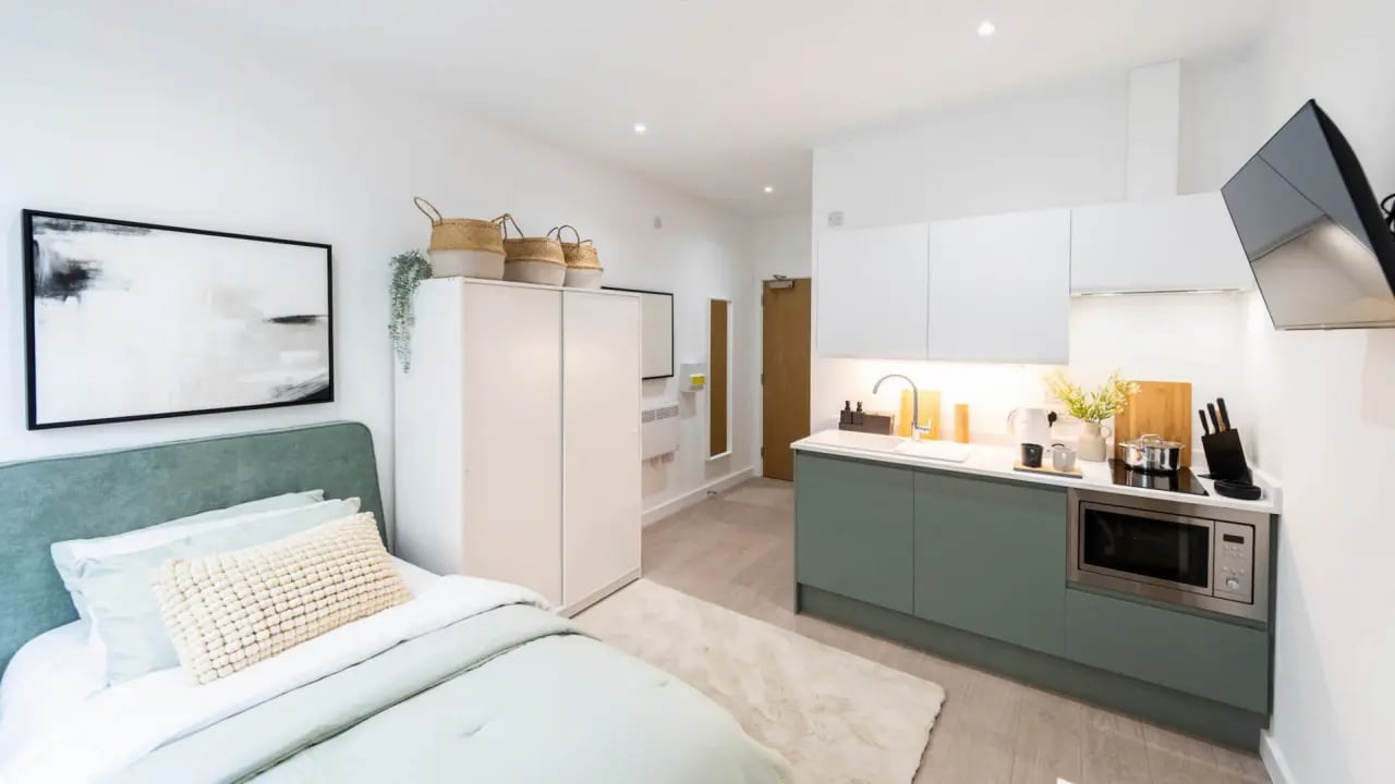 Bed kitchen modern studio apartment at Aire in Stoke-On-Trent Student Accommodation