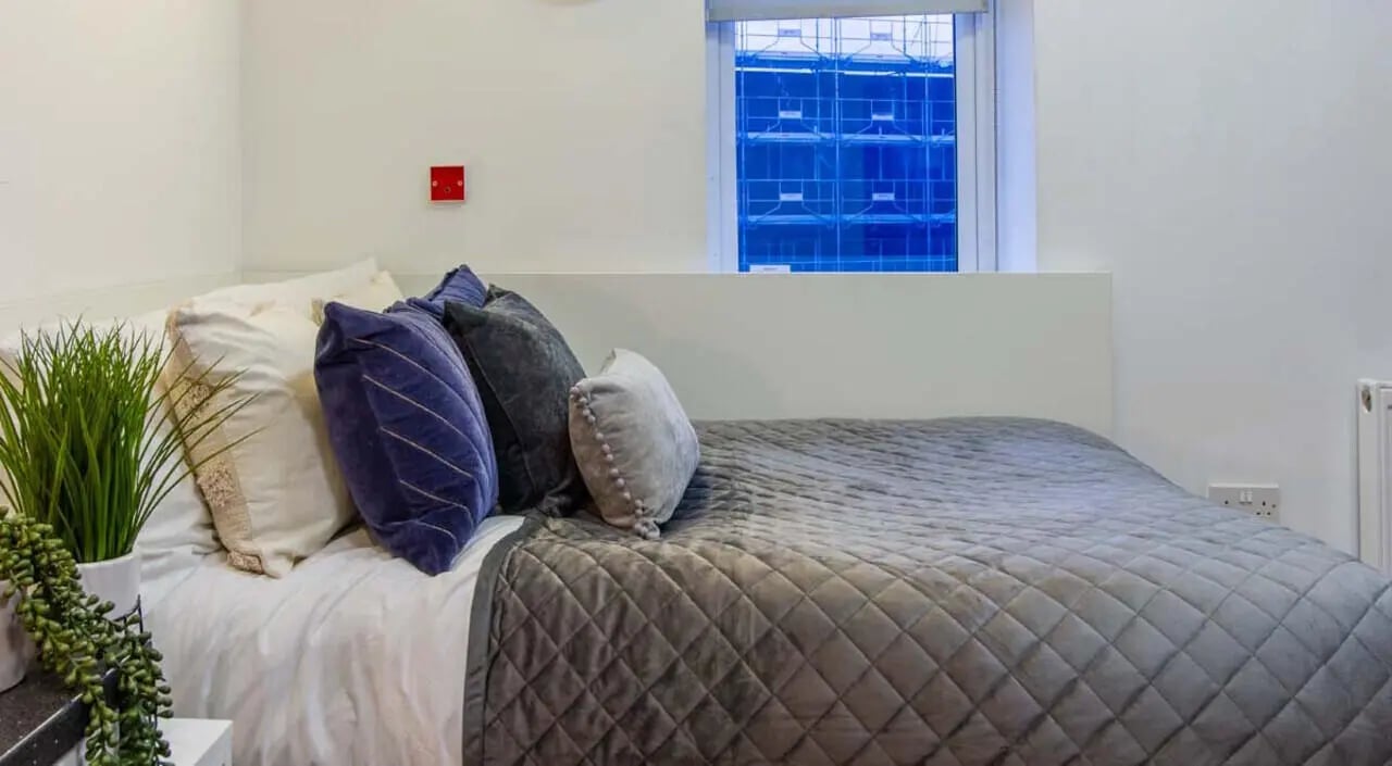 Bed with pillows green plant electrical socket bedroom at Bowman House in Nottingham Student Accommodation