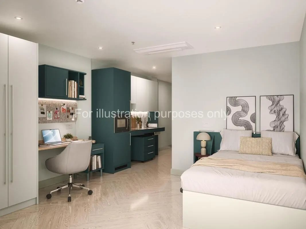 Desk chair laptop bed paintings bedroom living area at Willen House in London Student Accommodation