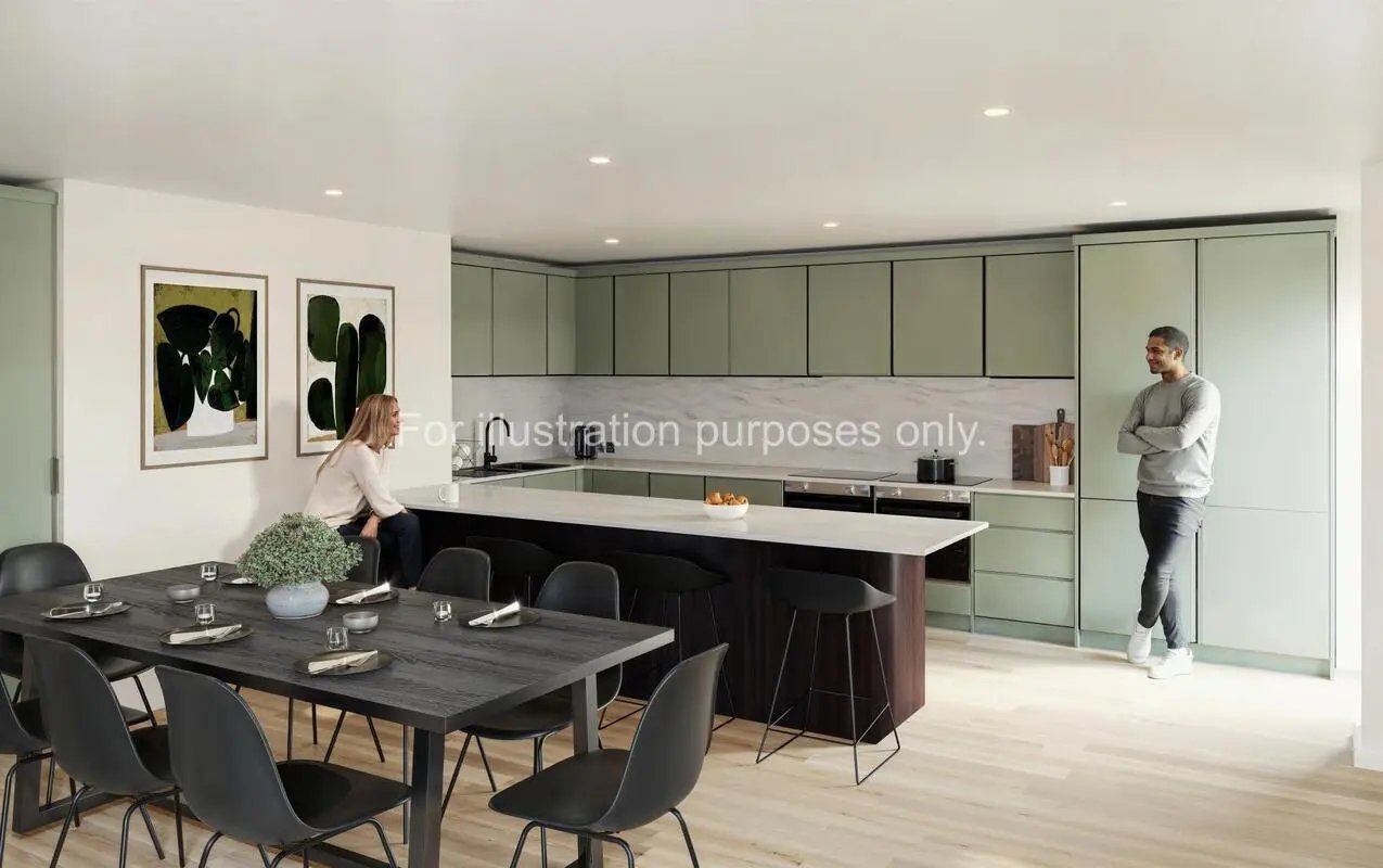 Dining table kitchen island seating modern kitchen interior at Wilson House in Oxford Student Accommodation