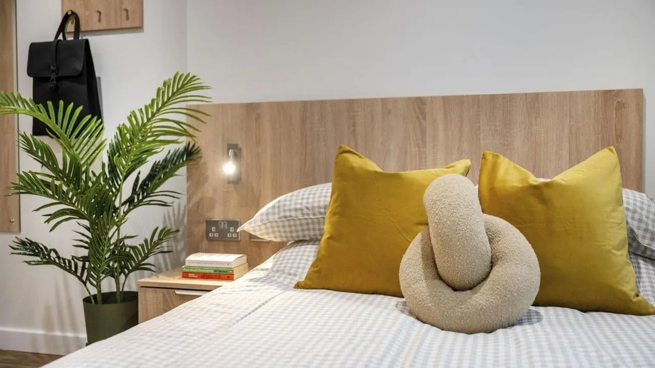 Bed with yellow pillows and plant bedroom at The Sail Works in Lancaster Student Accommodation