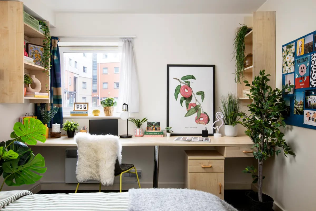 Desk with monitor plants art and chair study area at Curzon House in Nottingham Student Accommodation