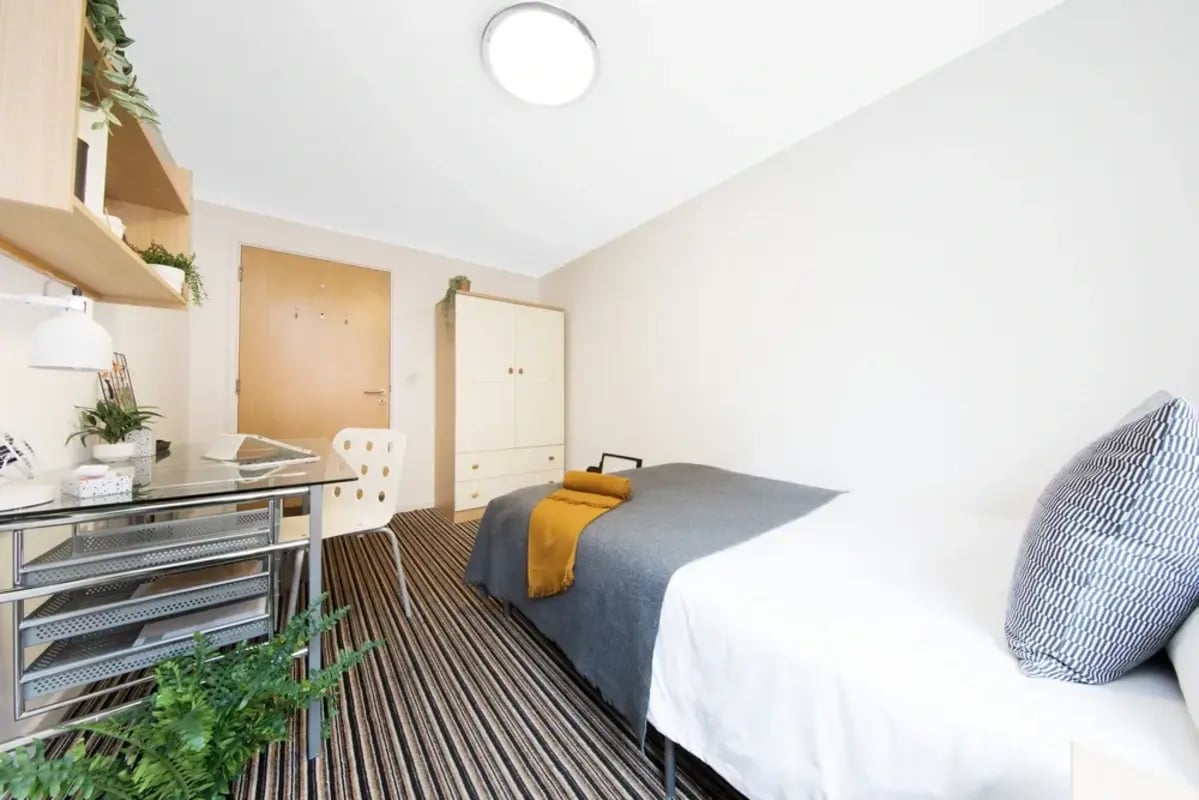 Bed desk wardrobe and plants bedroom at Grange Lane Apartments in Leicester Student Accommodation