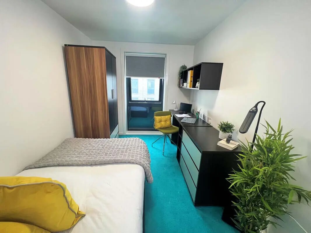 Bed desk wardrobe and plant bedroom at Nebula in Sheffield Student Accommodation
