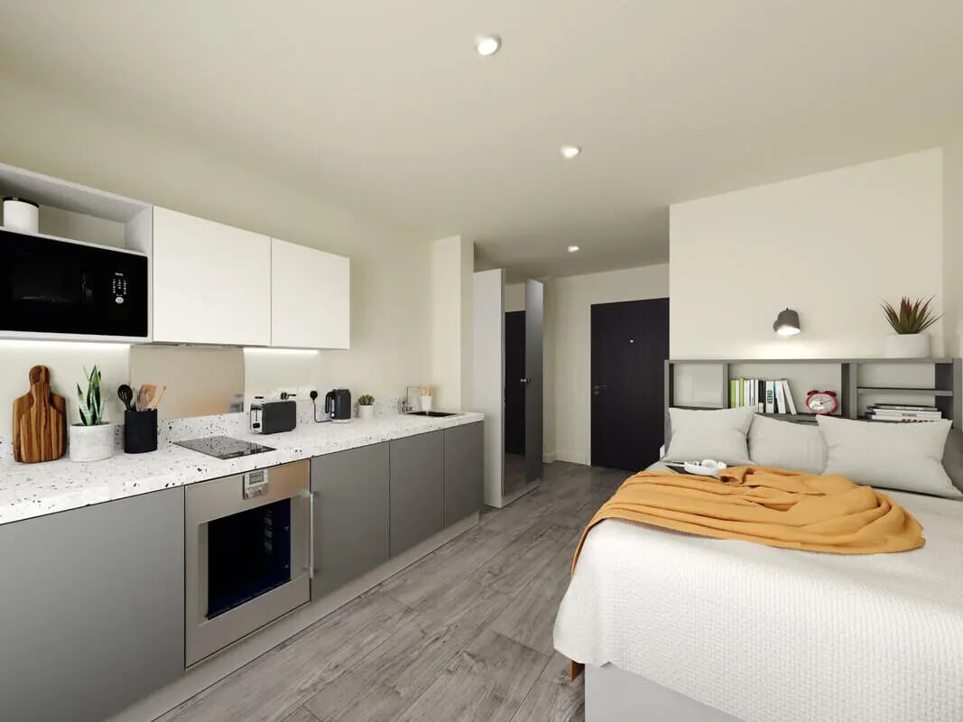 Kitchen bed and microwave student studio apartment at Venue Studios in London Student Accommodation