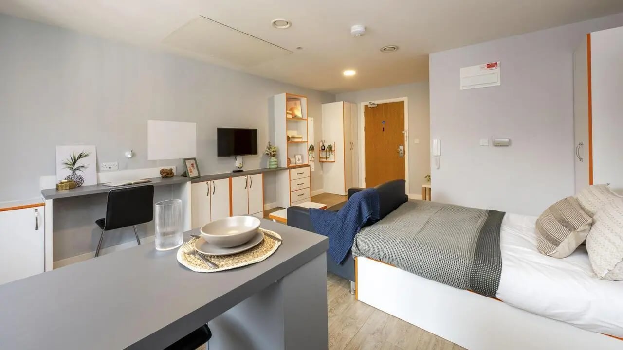 Desk bed sofa and dining table studio apartment at Hannah Court in Sheffield Student Accommodation