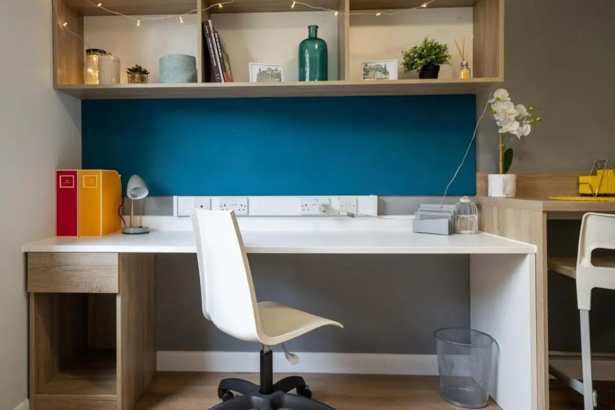 Desk with chair and shelves study area at Haddington Place in Edinburgh Student Accommodation