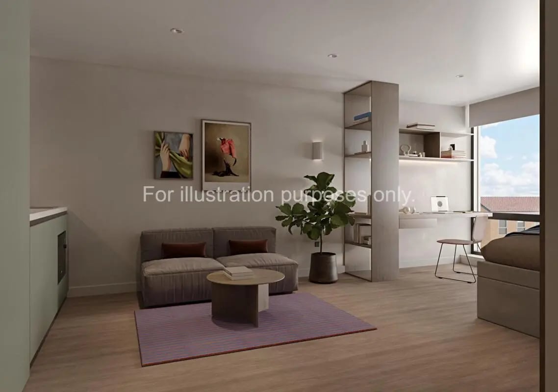 Sofa coffee table rug plant study desk living room at The Pepper Mill in Edinburgh Student Accommodation