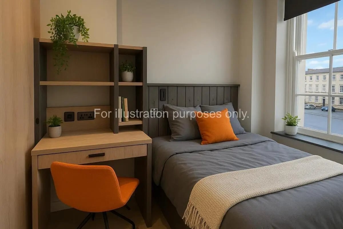 Bed desk shelf plants and window bedroom at The Port On The Square in Bristol Student Accommodation