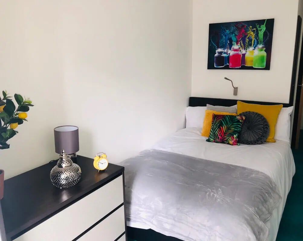 Bed with colorful art and plant Bedroom at Nebula in Sheffield Student Accommodation