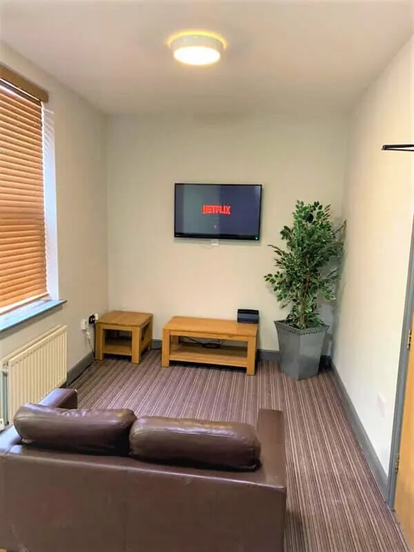 Brown sofa coffee table plant Netflix living room at Millfield House in Sunderland Student Accommodation