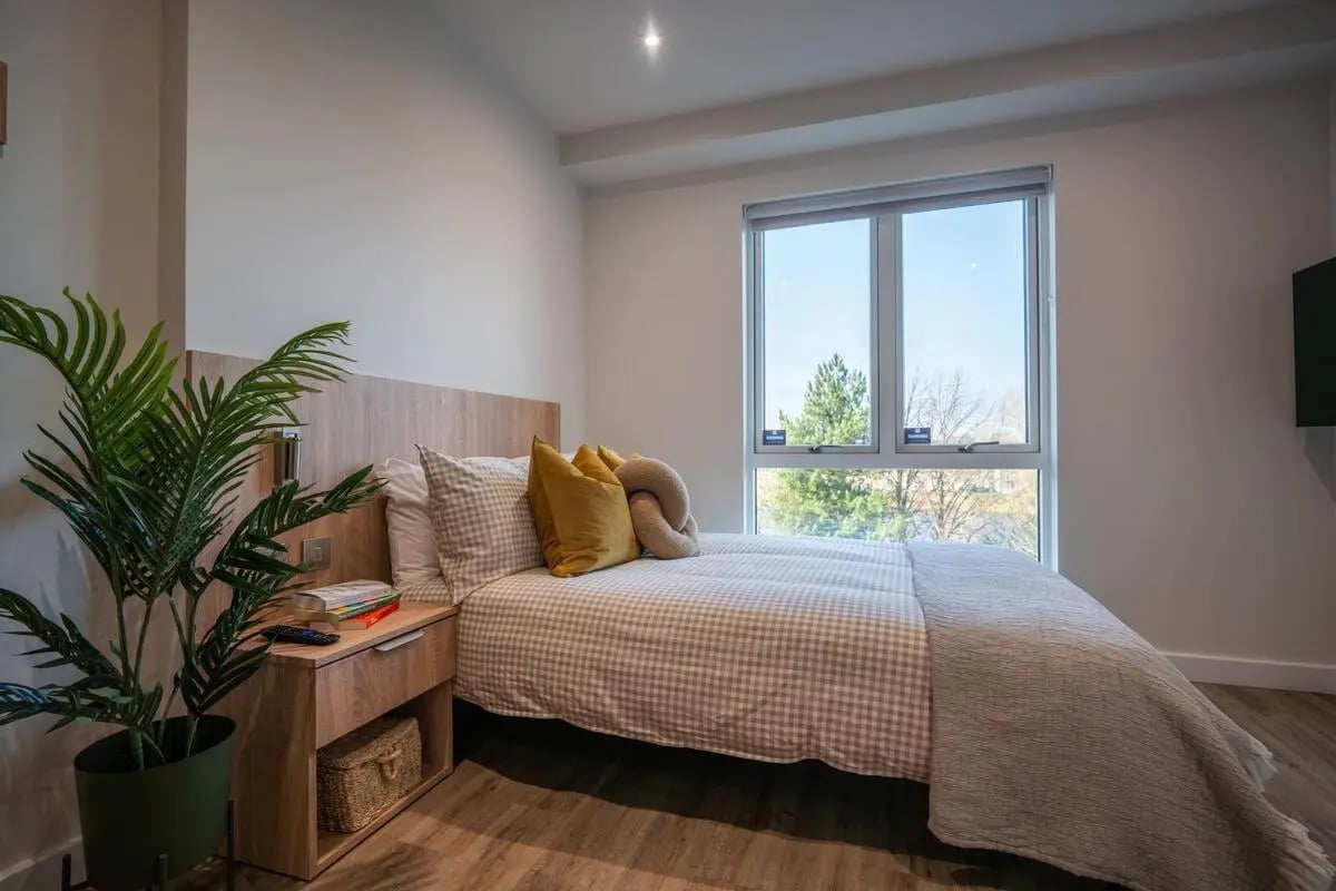 Bed with plant and nightstand Bedroom at The Sail Works in Lancaster Student Accommodation