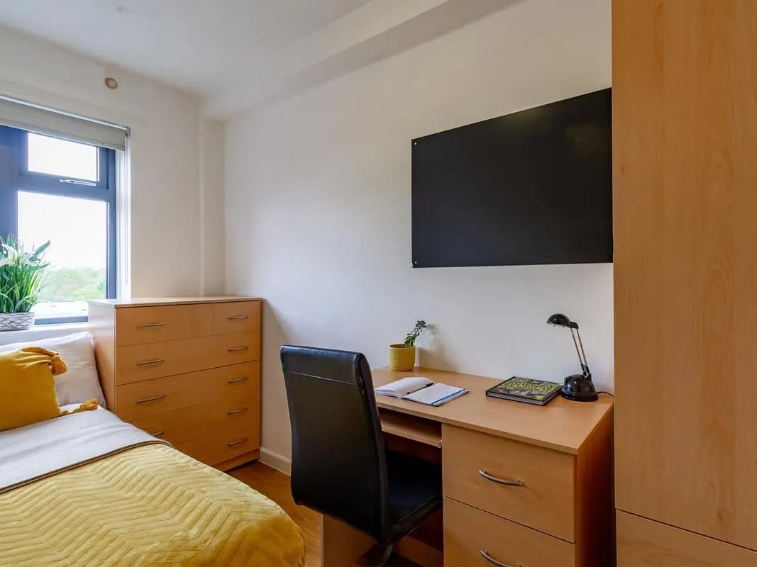 Bed desk chair plants and wardrobe bedroom at Surrey Quays Landale House in London Student Accommodation
