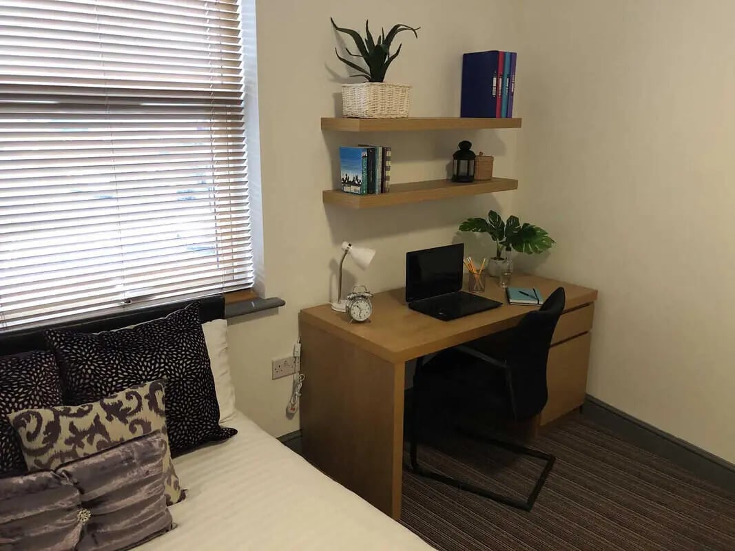 Bed desk laptop shelves and plants bedroom study area at Millfield House in Sunderland Student Accommodation