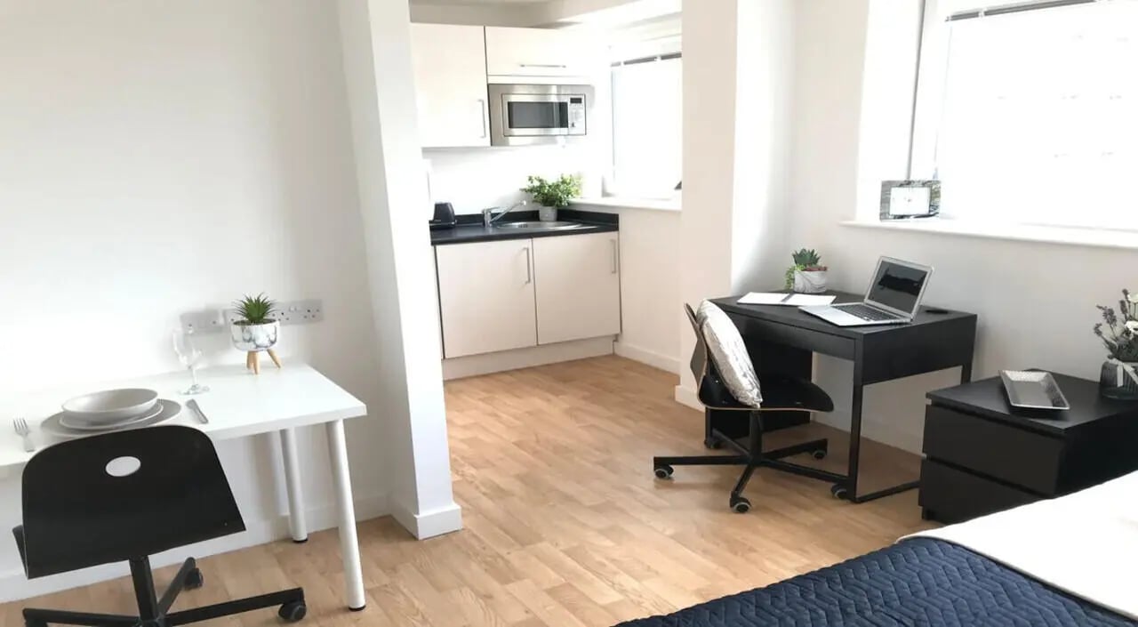 Kitchenette desk dining area studio apartment at Keele House in Newcastle Under Lyme Student Accommodation
