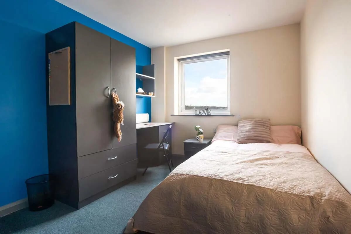 Wardrobe bed desk and chair bedroom at Stoke Student Village in Stoke-On-Trent Student Accommodation