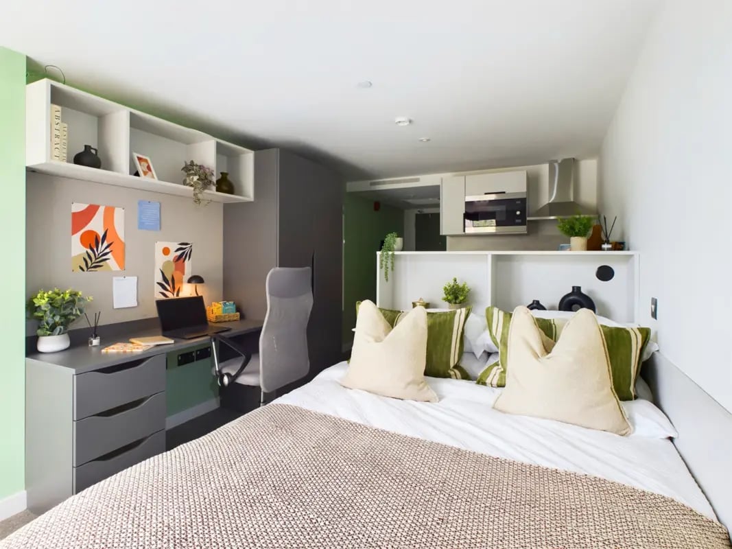 Bed desk microwave and shelves studio apartment at The Edge in Belfast Student Accommodation