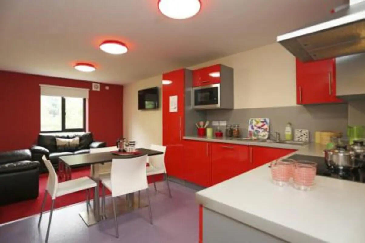 Red kitchen black sofas dining table living room at Canterbury Student Village in Canterbury Student Accommodation
